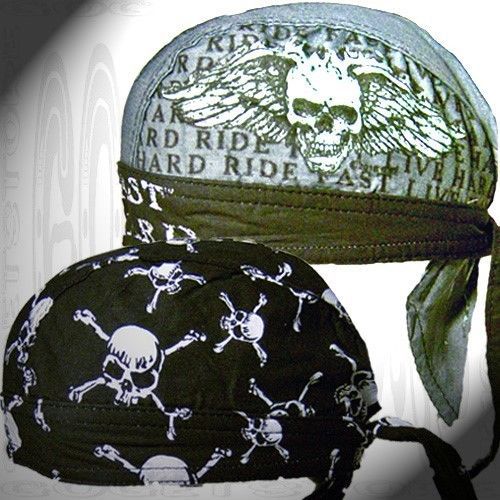 Black skulls do sweat band skull cap doo rag head 2 lot look biker du hat