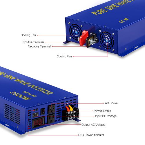 Pure sine wave inverter 3500w 12v to 120v car power truck motor rv remote switch