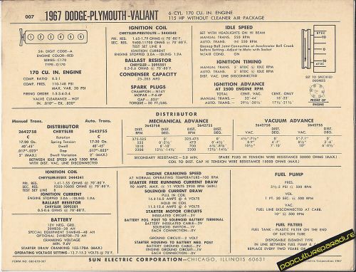 1967 dodge plymouth valiant 170 ci/115 hp w/o air car sun electronic spec sheet