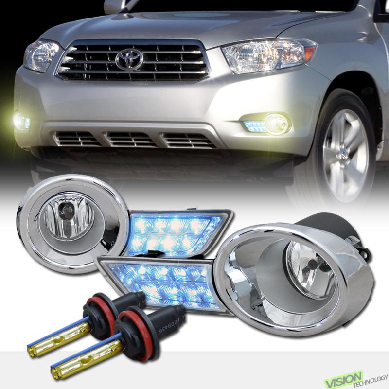 H11 bulb xenon hid+clear lens fog lights lamps+chrome led cover 08-10 highlander