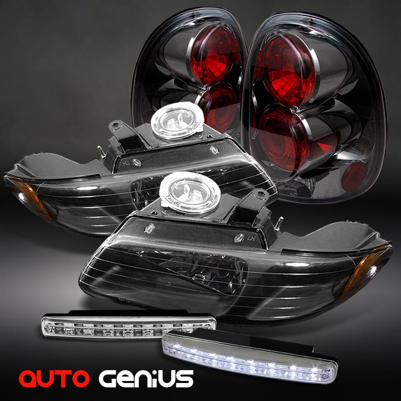 96-00 caravan black headlights + smoke tail lights + led daytime running lights