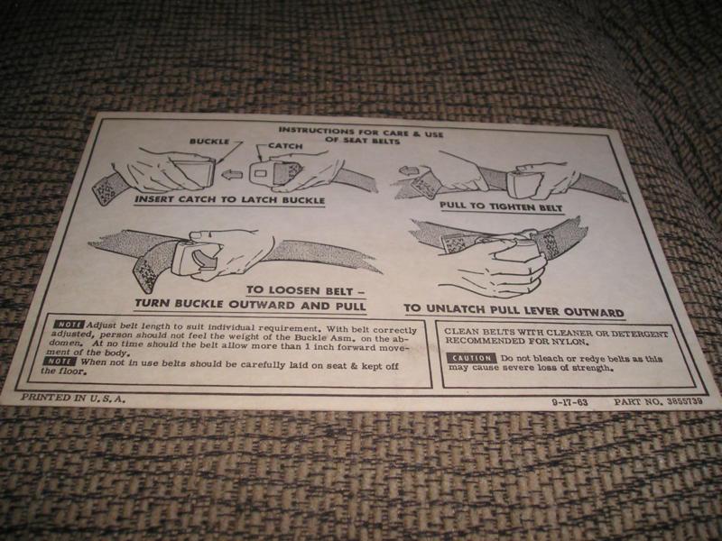 1963,1964 original chevrolet/corvette manual/plan seatbelt notice card