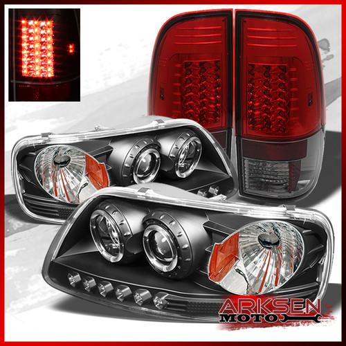 97-03 f150 black 1pc halo projector led headlights+g2 red smoked led tail lights