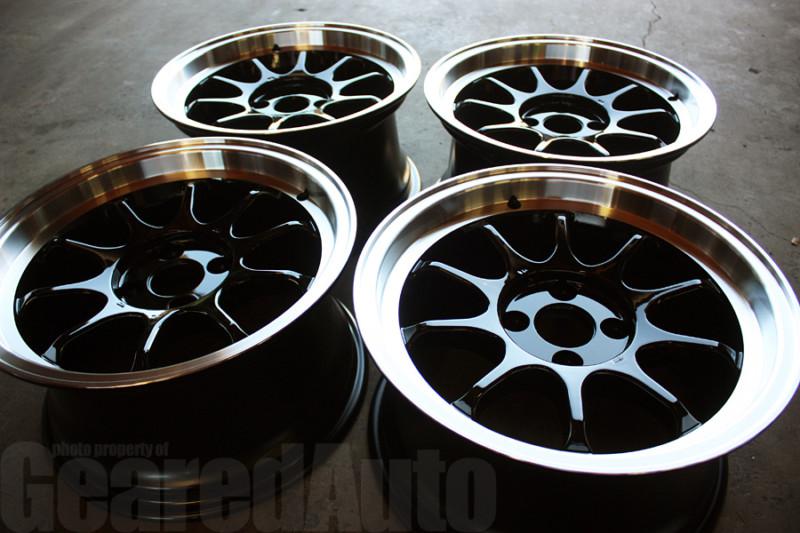 Miro 1397 15"x8" +25 4x100 gloss black w/ polished lip civic integra miata e30