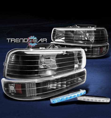 99-02 silverado/tahoe/suburban crystal black/amber head light+bumper+led drl kit