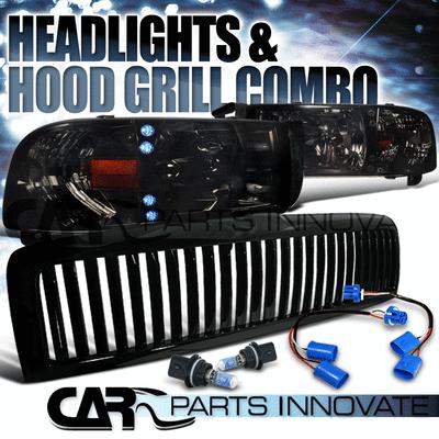 1994-2001 ram 1500 2500 3500 sport smoke crystal led headlights+black grille