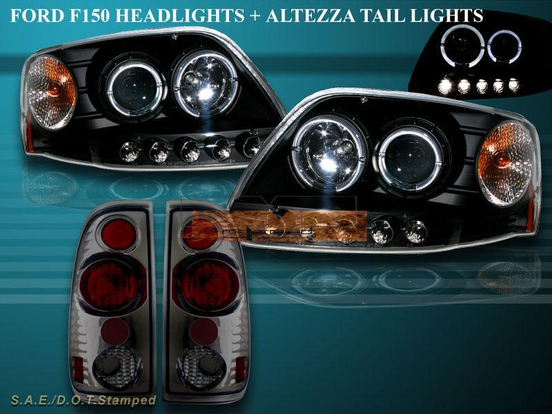 Aug/1997-03 ford f150 projector headlights blk twin halo led & black tail lights