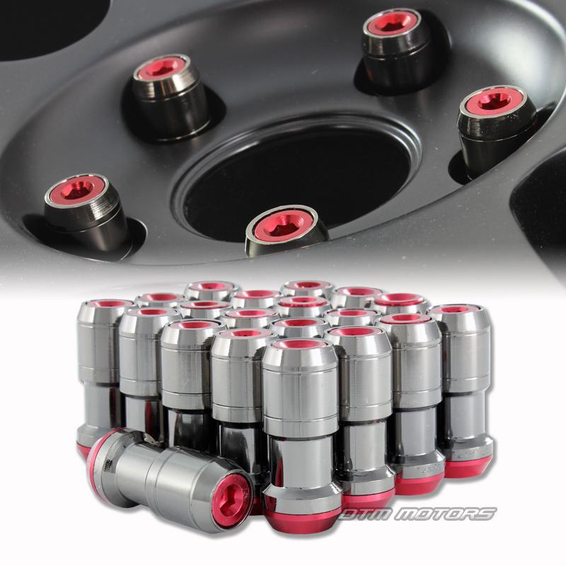 M12 x 1.25mm thread pitch 1.9" long wheel rim lug nuts - 20pc gunmetal / red