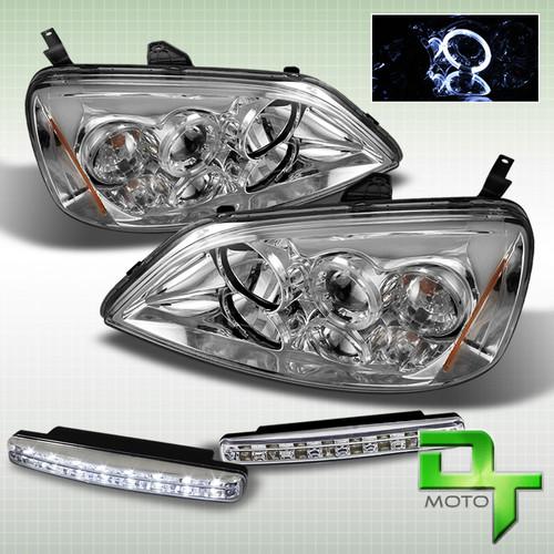 Drl led bumper fog+01-03 honda civic 2/4dr halo chrome projector headlights lamp