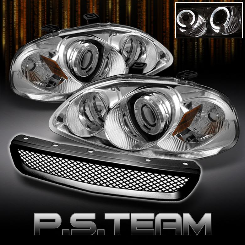 96-98 honda civic 2/3/4dr clear dual halo projector headlights+black mesh grille