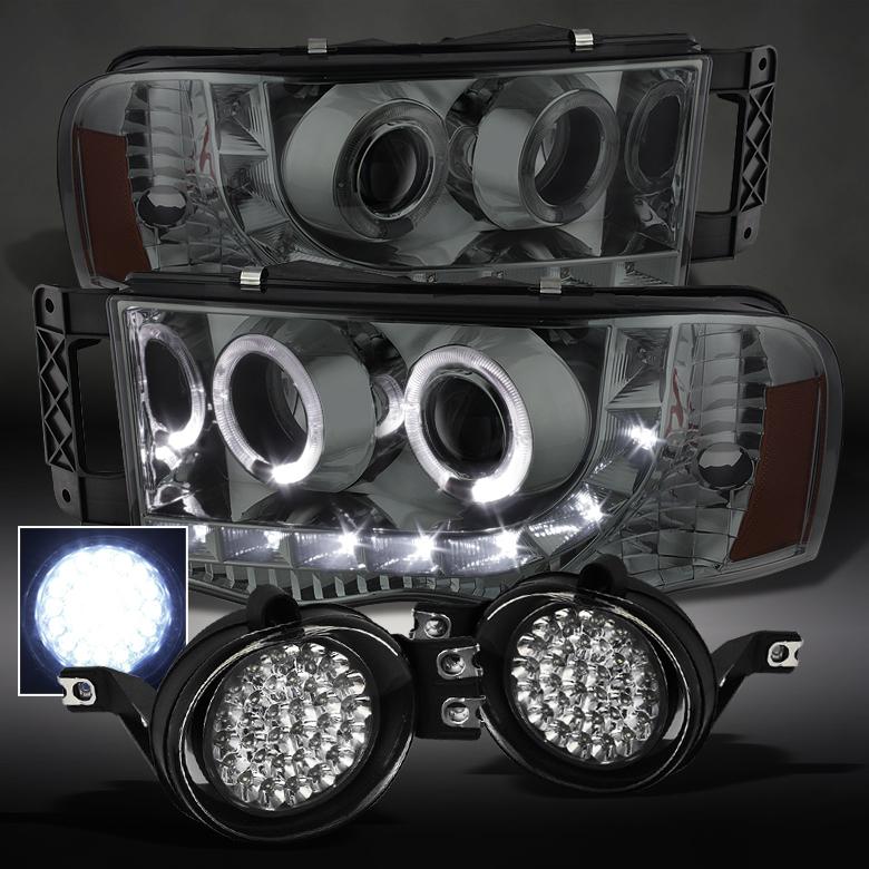 Smoke 02-05 dodge ram twin halo projector headlights+super bright led fog lights