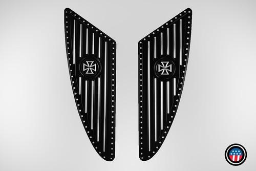 Victory motorcycle floorboards iron cross contrast cut billet aluminum black