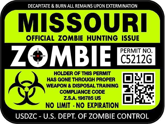 Missouri zombie hunting license permit 3"x4" decal sticker outbreak 1235