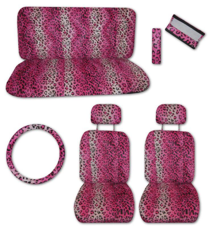 Pink black leopard quilted velour car truck seat covers set with extras #d