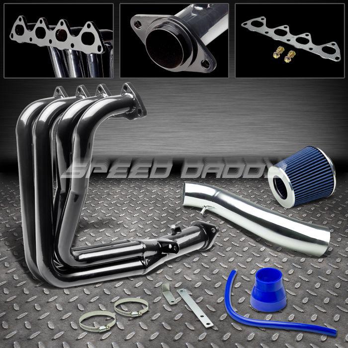 Racing black header exhaust+short ram air intake+blue filter 94-01 integra gsr/r