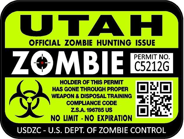 Utah zombie hunting license permit 3"x4" decal sticker outbreak 1254