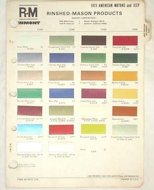 1973 amc r-m color paint chip chart jeep amx javelin matador hornet ambassador