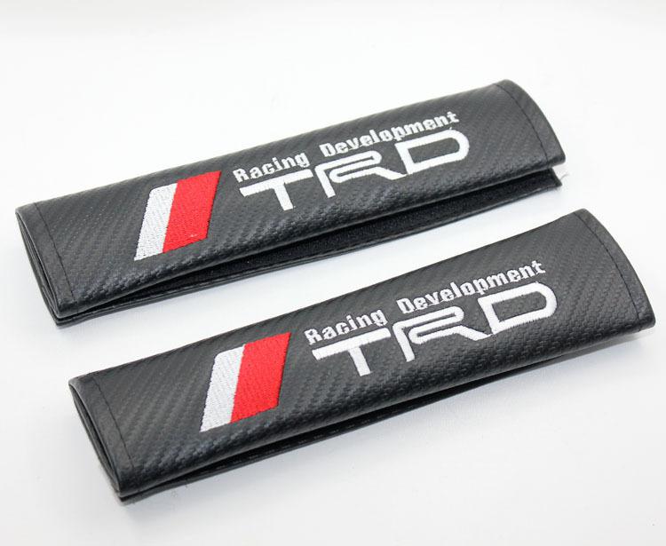 A pair trd emblem carbon fiber car seatbelt cover shoulder pad pads for toyota
