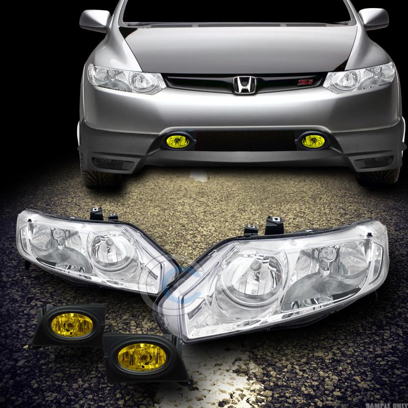 Chrome head lights dy+fog lamp w/switch clear 06 07 08 honda civic 4d 4dr sedan