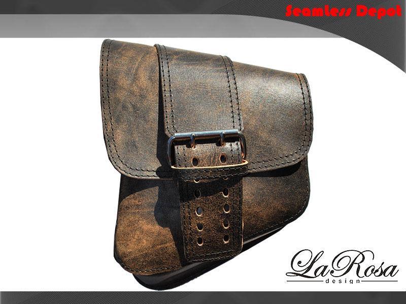 Larosa rustic brown leather wide strap harley chopper bobber left solo saddlebag