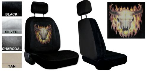 Flaming skull bull bovine cow 2 low back bucket car truck suv seat covers pp 5a