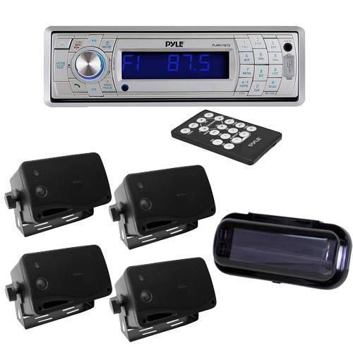 Silver marine boat mp3 am/fm radio &amp; bluetooth +4 new black box speakers &amp; cover