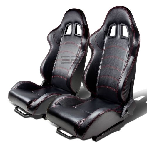 2x fully reclinable pvc leather racing seat/seats+adjustable slider black+stitch