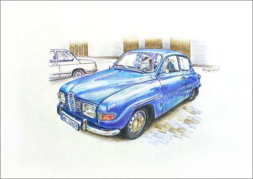 Exclusive saab 96 v4 car art print by roy chui, a3 size