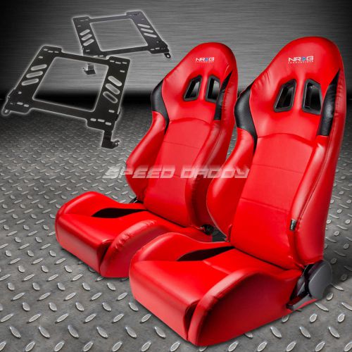 Pair nrg reclining red pvc racing bucket seat+bracket for 02-07 wrx/sti gd/gg