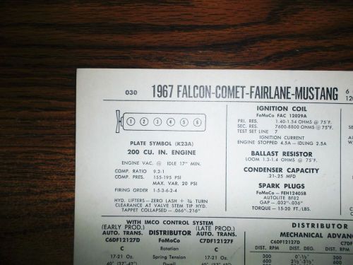 1967 ford falcon fairlane comet mustang 200 ci l6 sun tune up chart great shape!