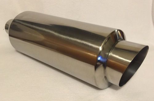 Polished stainless 6” round muffler with a 4” slant.