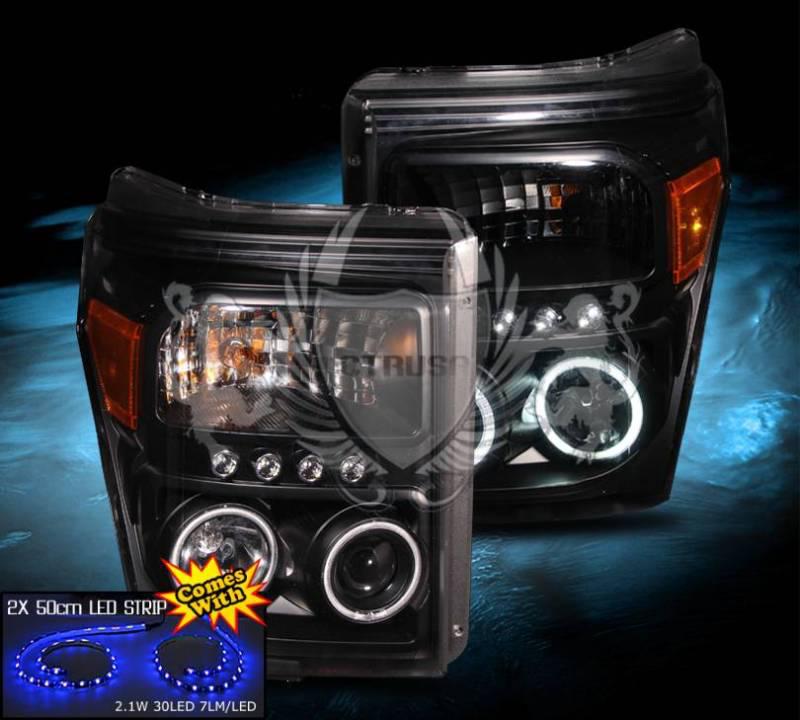 2011-2013 ford f250 superduty projector ccfl halo blk led headlights +led strip