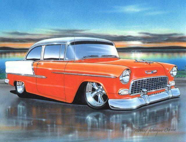 1955 chevy bel air 2 door sedan car art print orange & white