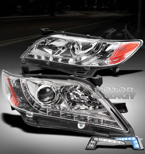 2007 2008 2009 toyota camry led jdm chrome projector head lights+blue drl signal