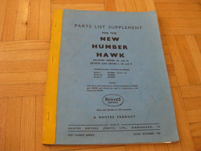 1960 humber hawk saloon & estate car parts list supplement manual 