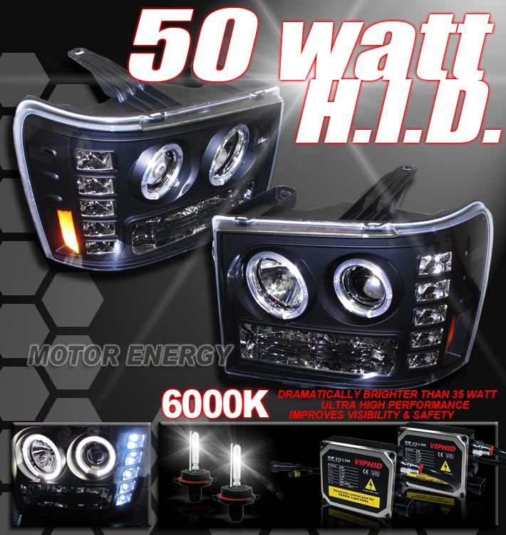 2007-2012 gmc sierra halo led black projector headlight+hid 50w 6000k kit denali