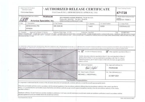 Bendix/king kpi 553a - p/n 066-3045-50 - oh - easa/faa dual