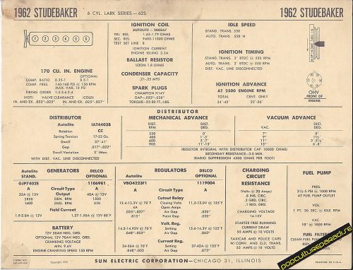 1962 studebaker 6 cylinder lark series 62s 170 ci car sun electronic spec sheet