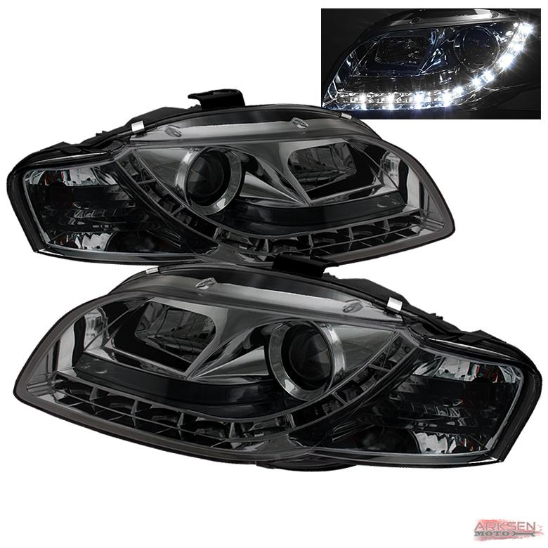 06-08 audi a4/s4 smoked led drl projector headlights w/ black housing pair