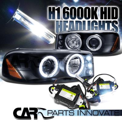 00-06 sierra yukon xl denali black halo led projector headlight+h1 6000k hid kit