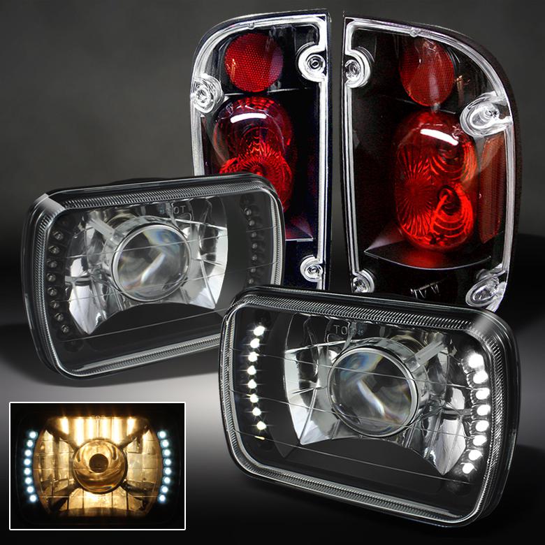 Black 95-97 toyota tacoma projector headlight w/dual strip led+black tail lamps