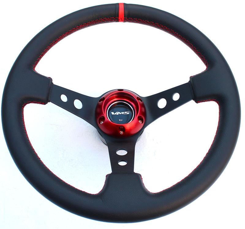 Vms steering wheel 3 deep leather red stitch red riser horn button cap ring