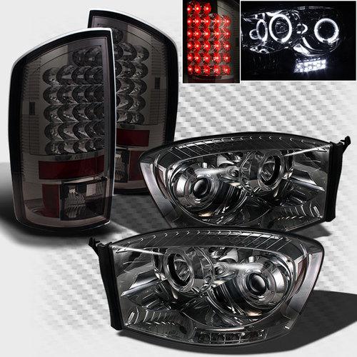 Smoked 07-08 dodge ram halo led projector headlights lights+led tail head lights