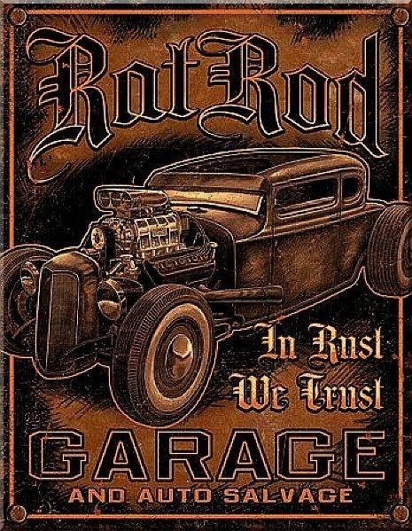 Vintage type tin sign rat rod garage and auto salvage 