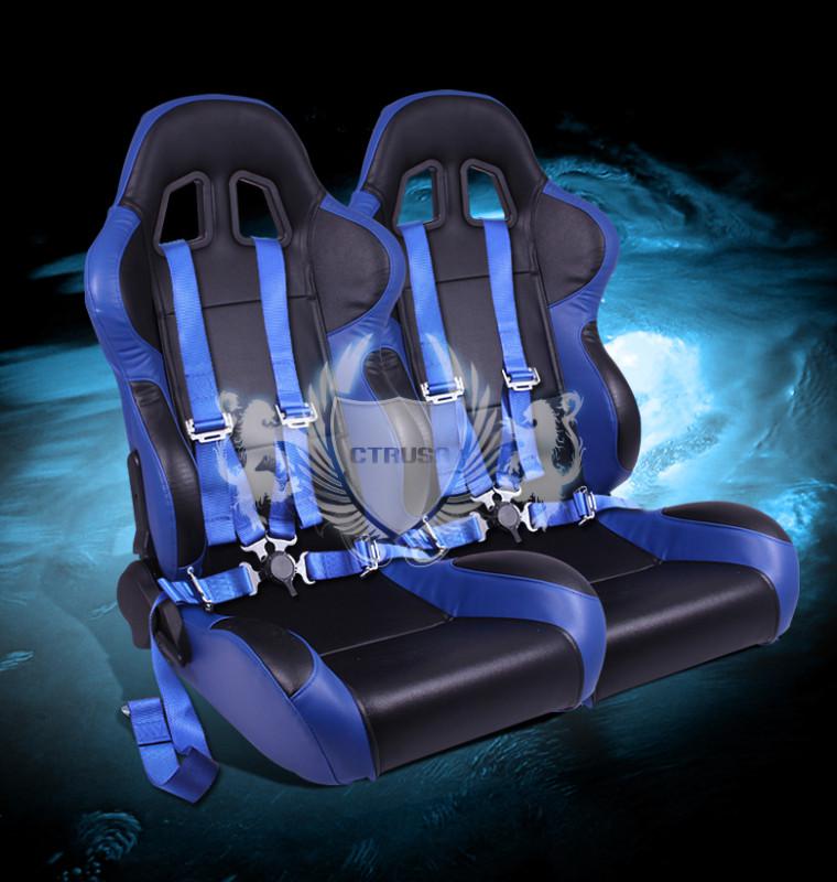 2x reclinable black/blue turino racing bucket seat+4-pt belts camlock strap pair