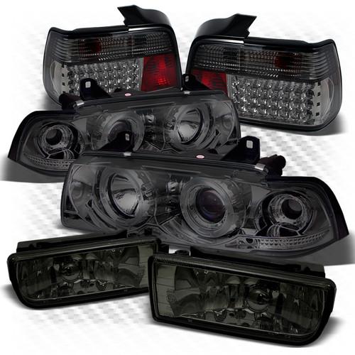 92-98 e36 3-series 4dr smoked pro headlights + led tail lights + fog lights set