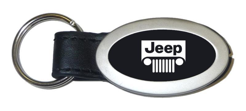 Jeep grill black oval leather metal key chain ring tag key fob logo lanyard