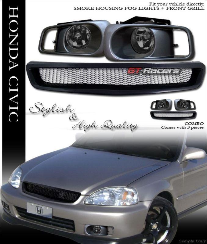 Blk t-r aluminum mesh front grill grille+bumper fog light smoke 1999-2000 civic