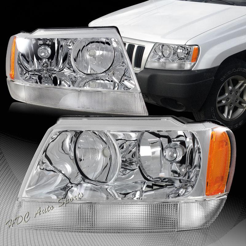 99-04 jeep grand cherokee chrome housing clear lens amber reflector headlights