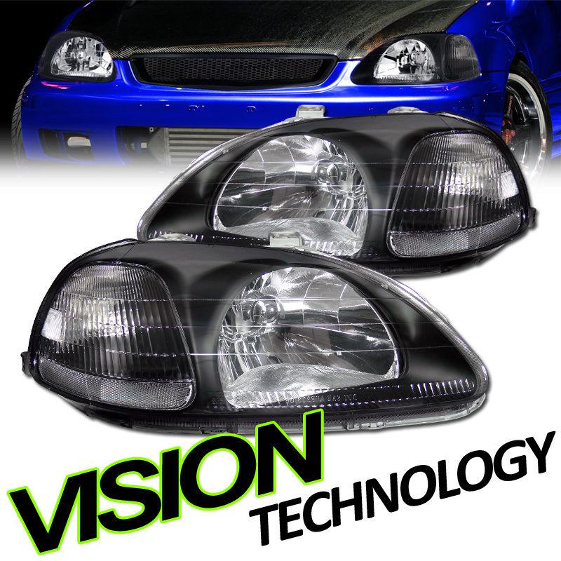 Clear reflector 96-98 civic jdm blk crystal headlights headlamps pair left+right